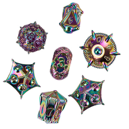 Flat lay of Eldritch Edge Metal Dice Collection in Colorful Purple rainbow finish, vibrant RPG dice set for tabletop games
