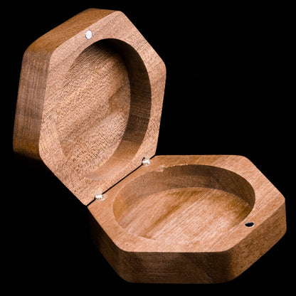 Open Embercoil Vault black walnut dice box showing empty interior
