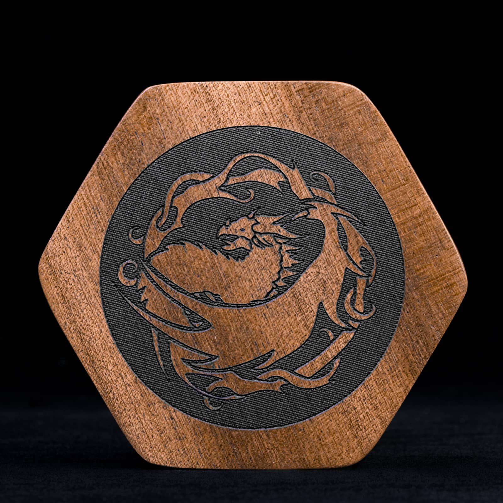 Closed Embercoil Vault sapelli wood dice storage box with dragon engraving
