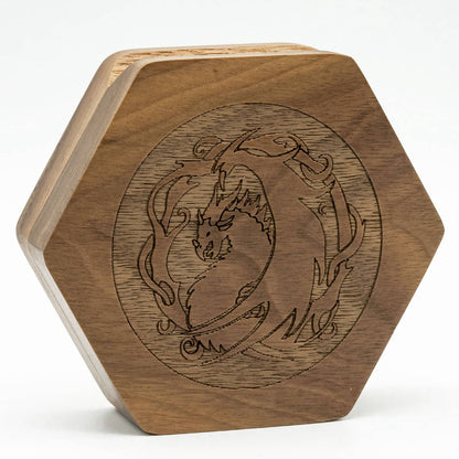 Closed Embercoil Vault sapelli wood dice storage box with dragon engraving