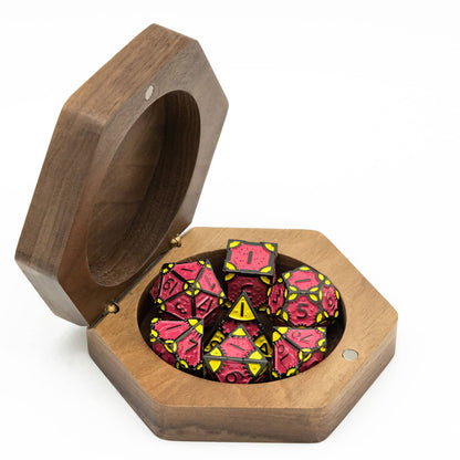 Open Embercoil Vault sapelli wood dice storage box holding full dice set