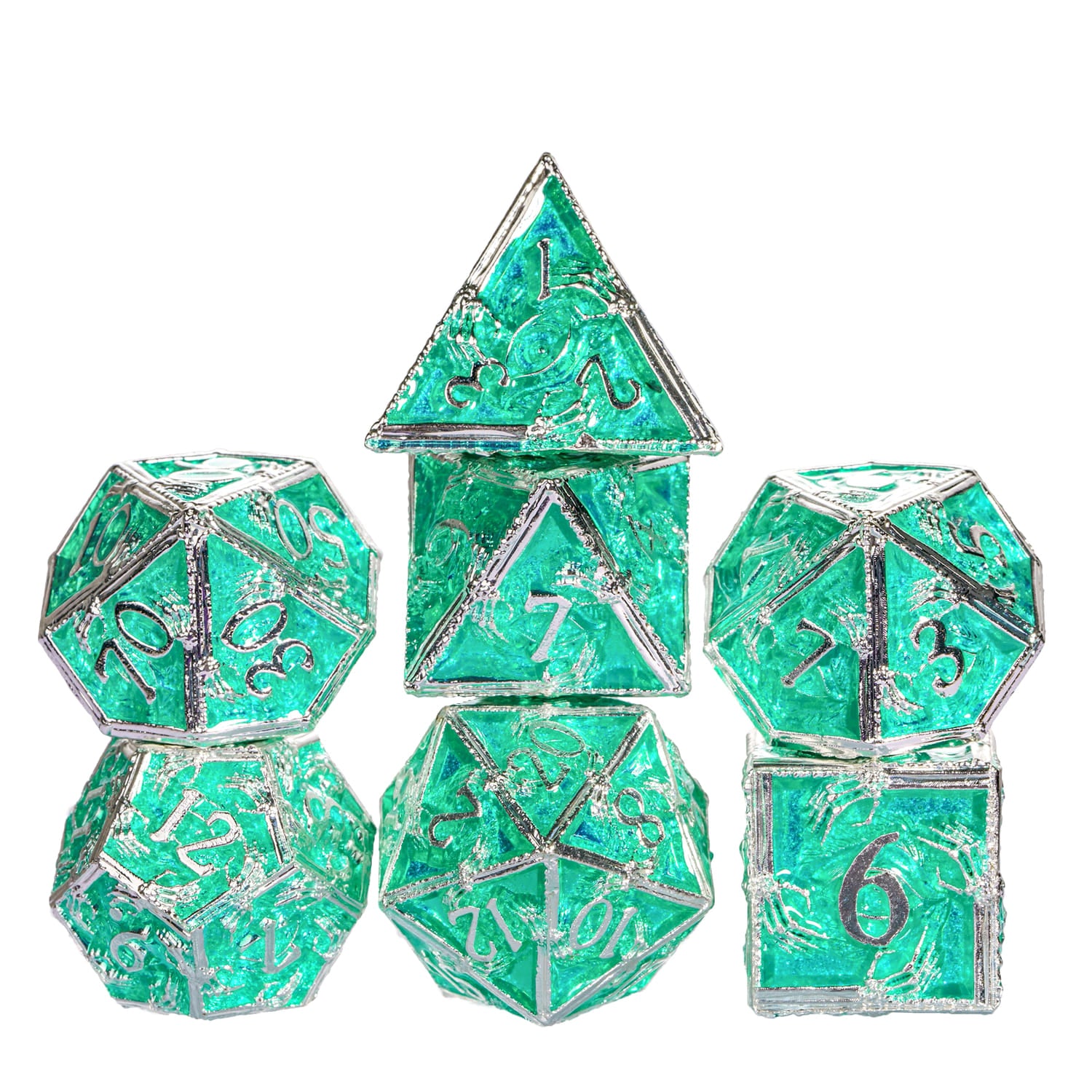 Stacked green and silver Emerald Enclave metal dice set for DnD 5e