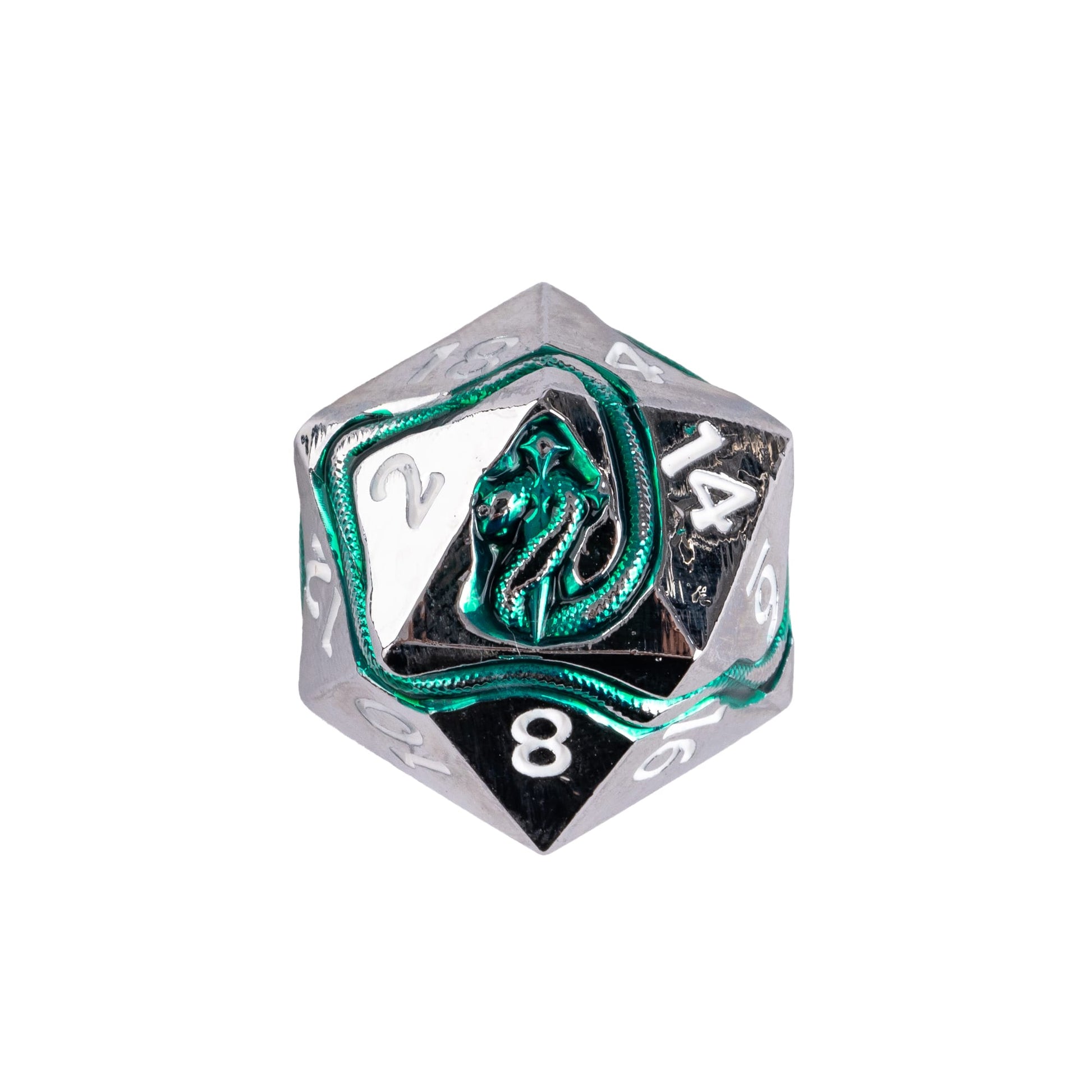 Close up of Emerald Serpent metal D20 featuring silver metal edges, white numbering, and an emerald green serpent wrapped around the die