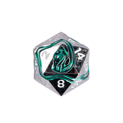 Close up of Emerald Serpent metal D20 featuring silver metal edges, white numbering, and an emerald green serpent wrapped around the die
