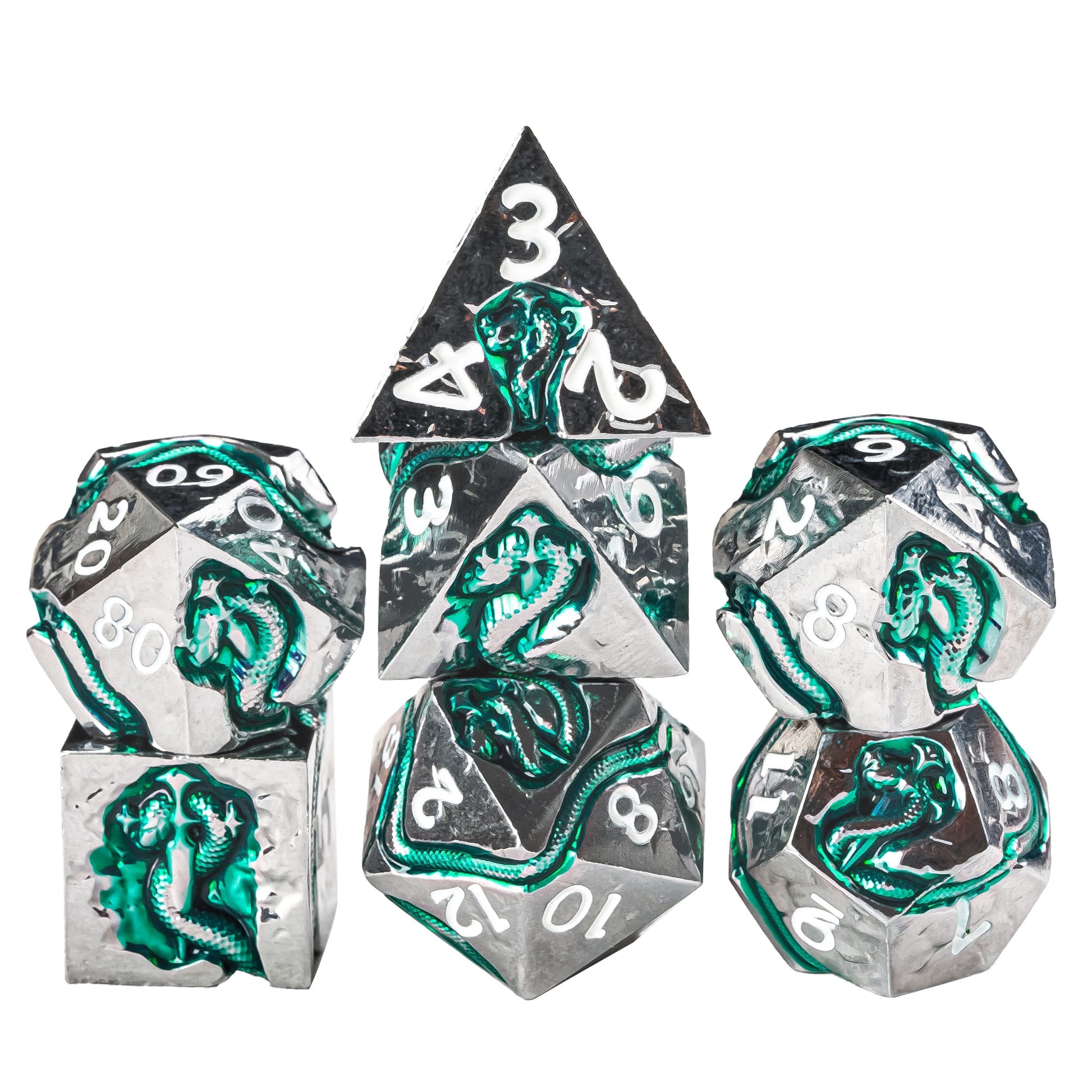 Stacked Emerald Serpent metal dice set with silver finish and emerald green serpent inlay