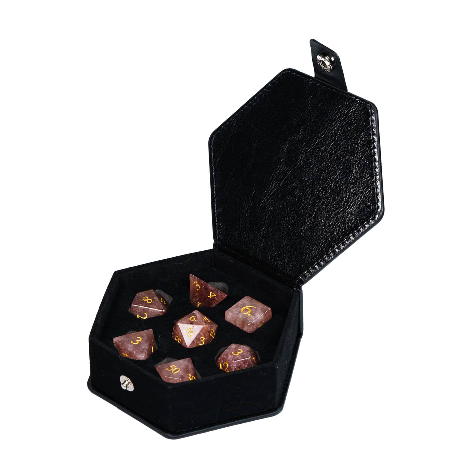 ember Rose stone dice set from Fabled Crystals neatly stored inside black hexagonal dice case for DnD players