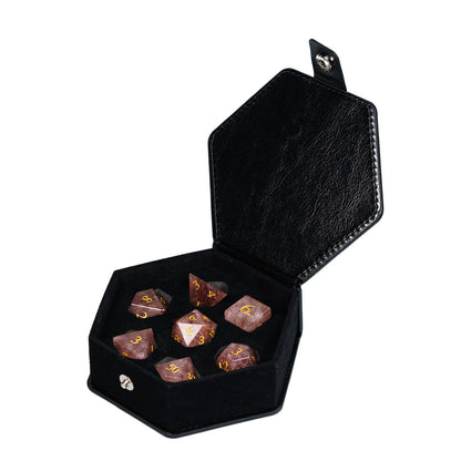 ember Rose stone dice set from Fabled Crystals neatly stored inside black hexagonal dice case for DnD players