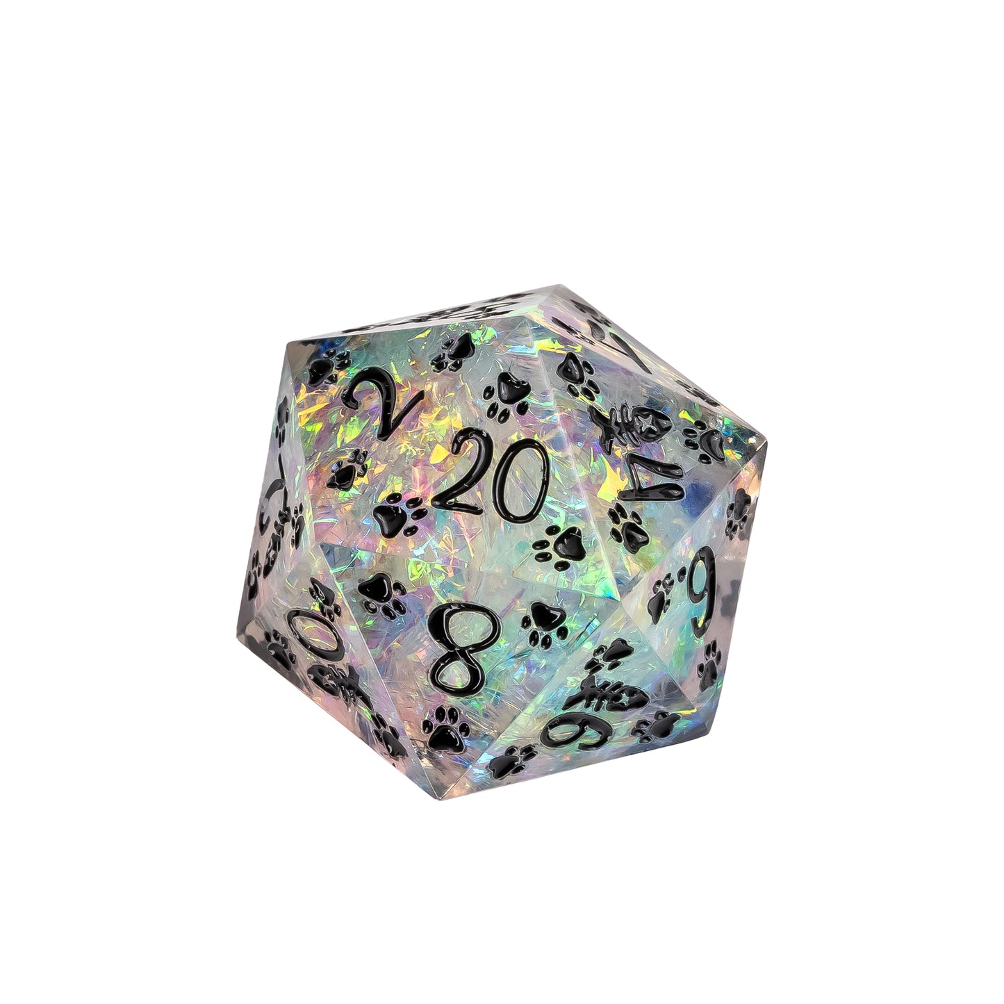Feline Fantasy sharp edge D20 with iridescent resin, black numbering, and paw print details