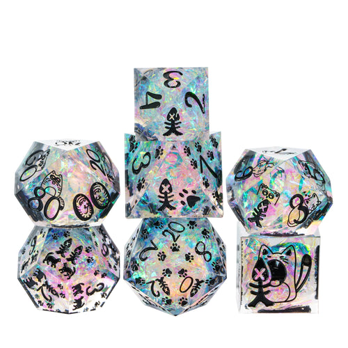 Feline Fantasy sharp edge holographic dice set, resin polyhedral dice with black cat designs