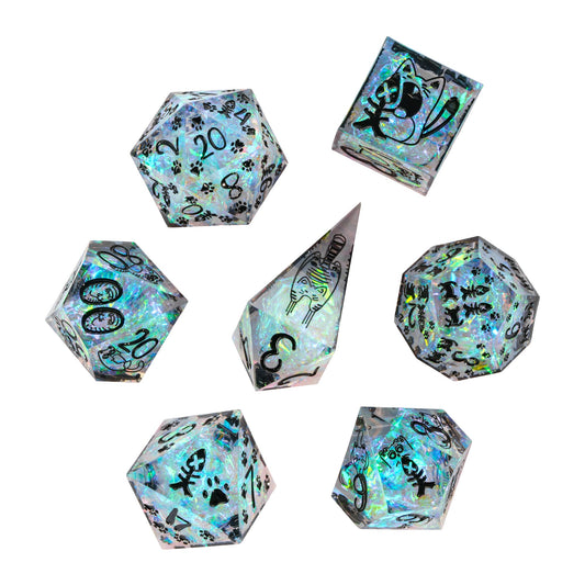 Feline Fantasy holographic sharp edge polyhedral dice set with black engraved cat and paw prints