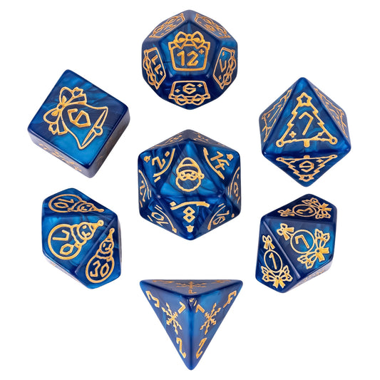 Festive Fate blue Christmas themed DnD dice set with holiday icons for tabletop RPG