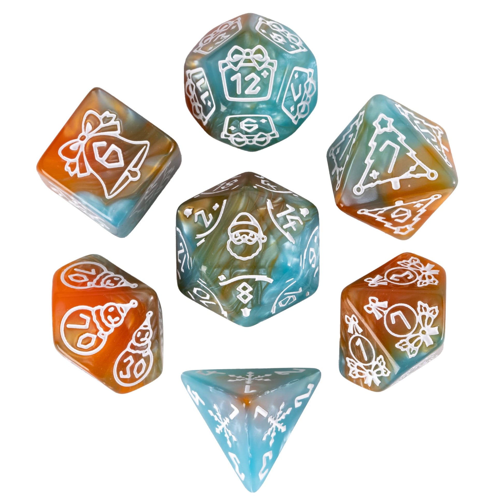 Festive Fate brown blue holiday themed DnD dice set with festive engravings