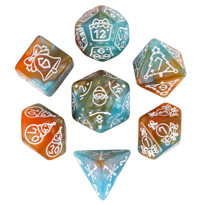 Festive Fate brown blue holiday themed DnD dice set with festive engravings