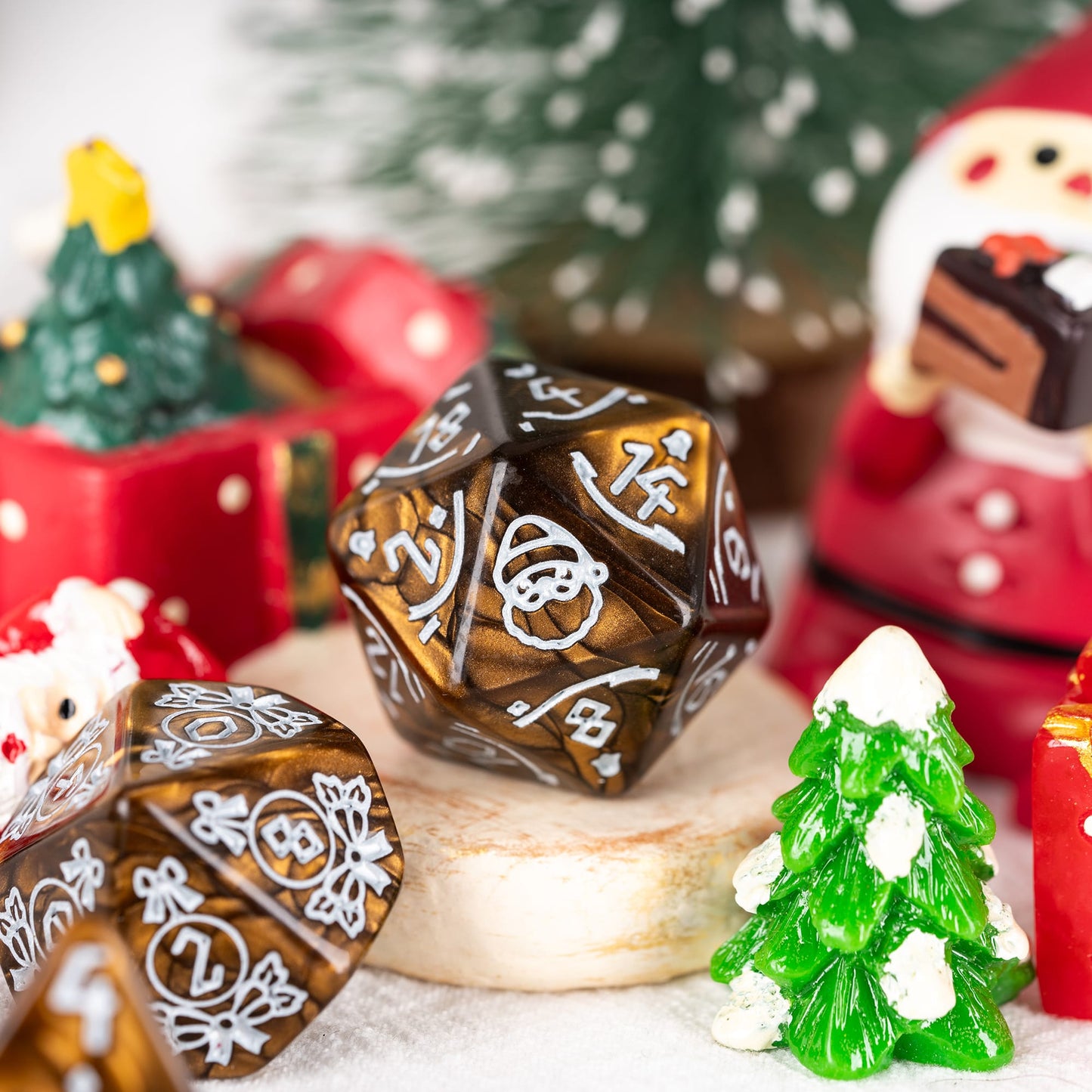 Brown pearl Festive Fate Christmas dice set with silver numbers and Santa icons in a festive scene