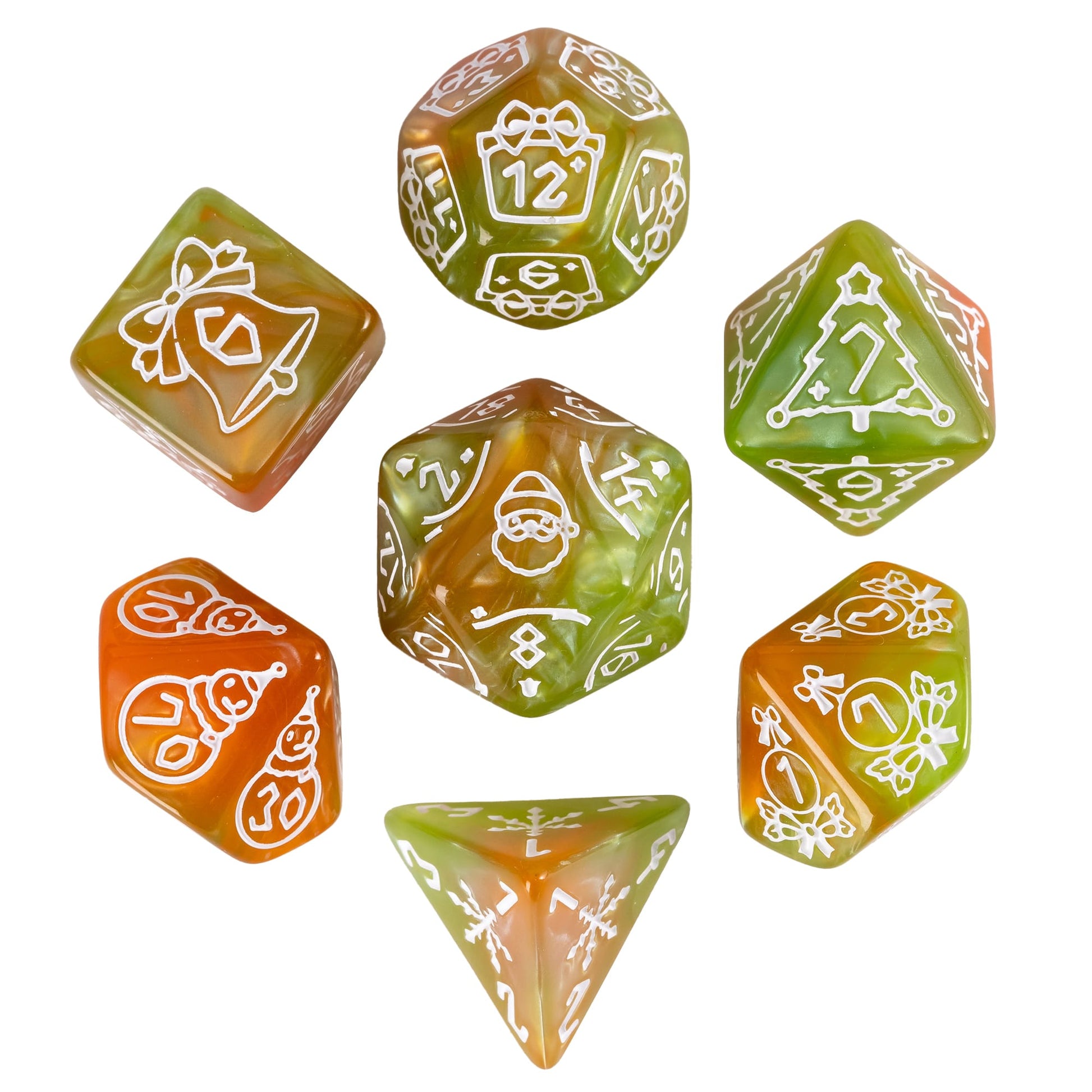 Festive Fate brown green Christmas polyhedral dice set with holiday icons