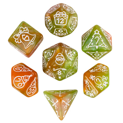 Festive Fate brown green Christmas polyhedral dice set with holiday icons