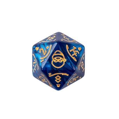 Close up of Festive Fate blue D20 Christmas themed polyhedral dice for DnD