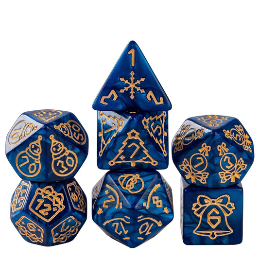 Festive Fate Blue dice set with holiday themed polyhedral dice for DnD