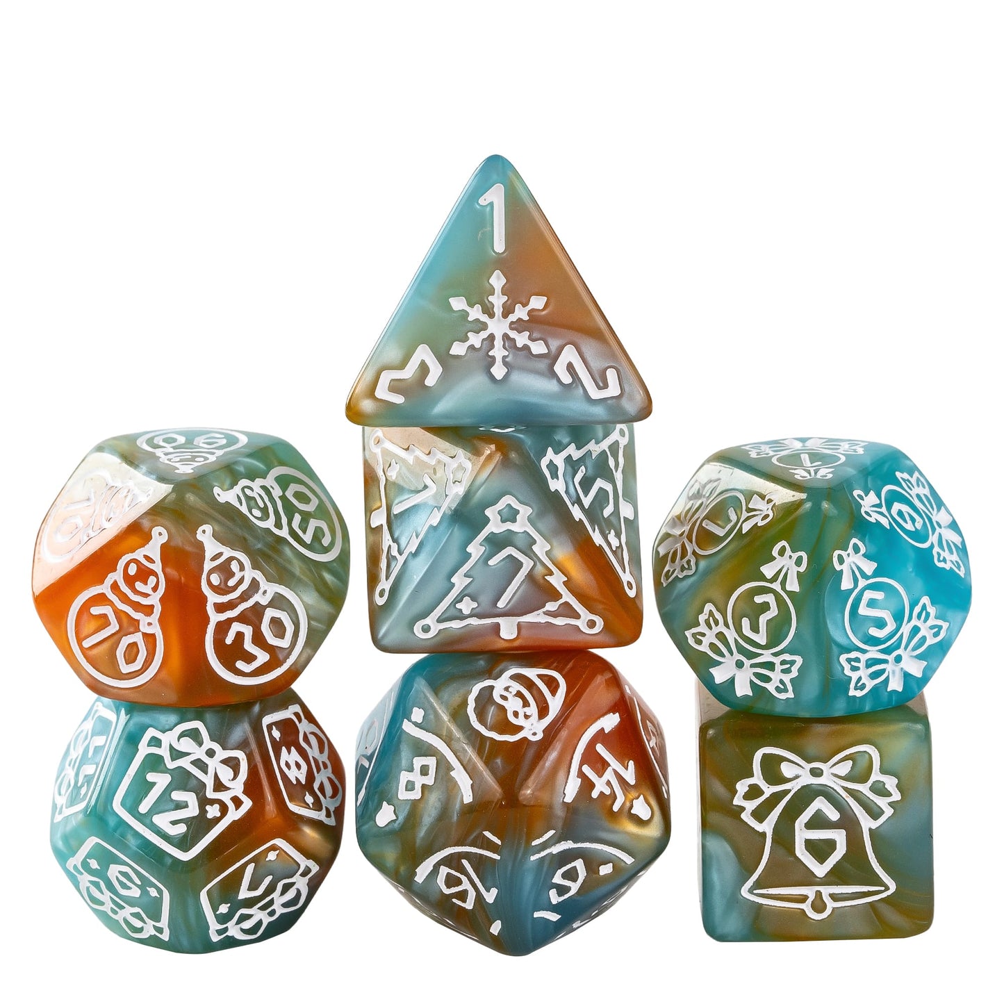 Festive Fate Brown Blue holiday dice set with festive Christmas icons for DnD