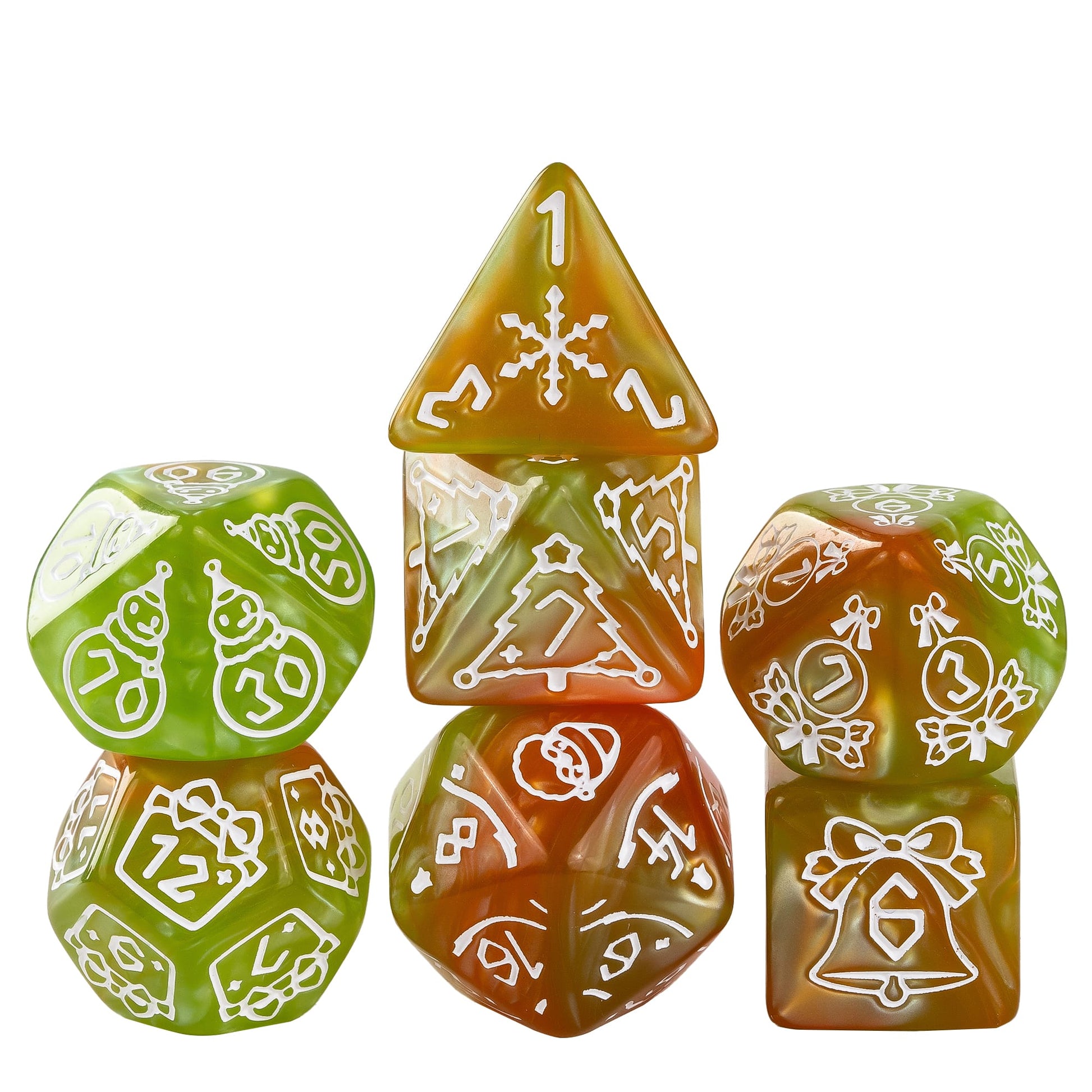 Festive Fate Brown Green holiday dice set with festive Christmas icons for DnD