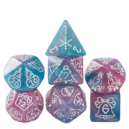 Festive Fate Pink Blue dice set with Christmas themed icons for DnD and DnD 5e