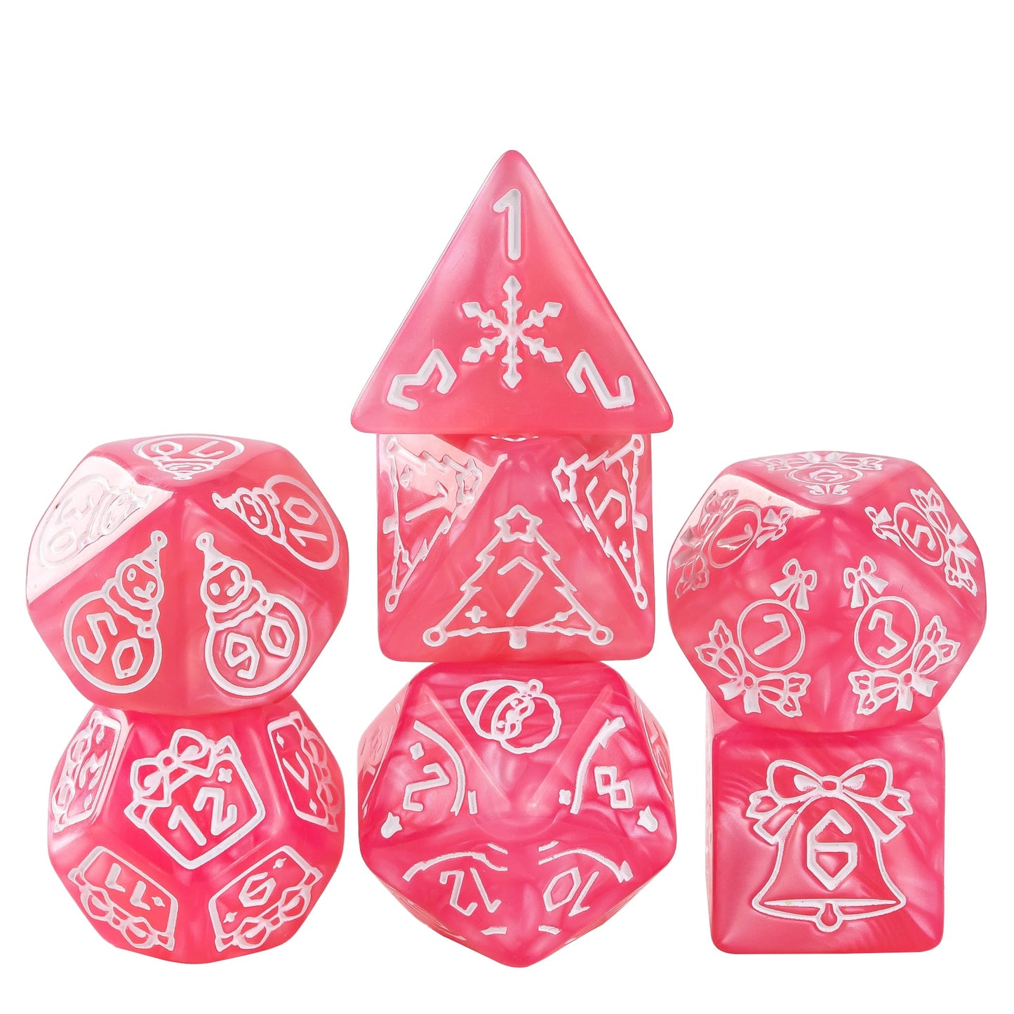 Festive Fate Pink dice set with festive Christmas themed symbols for DnD and DnD 5e