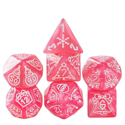 Festive Fate Pink dice set with festive Christmas themed symbols for DnD and DnD 5e