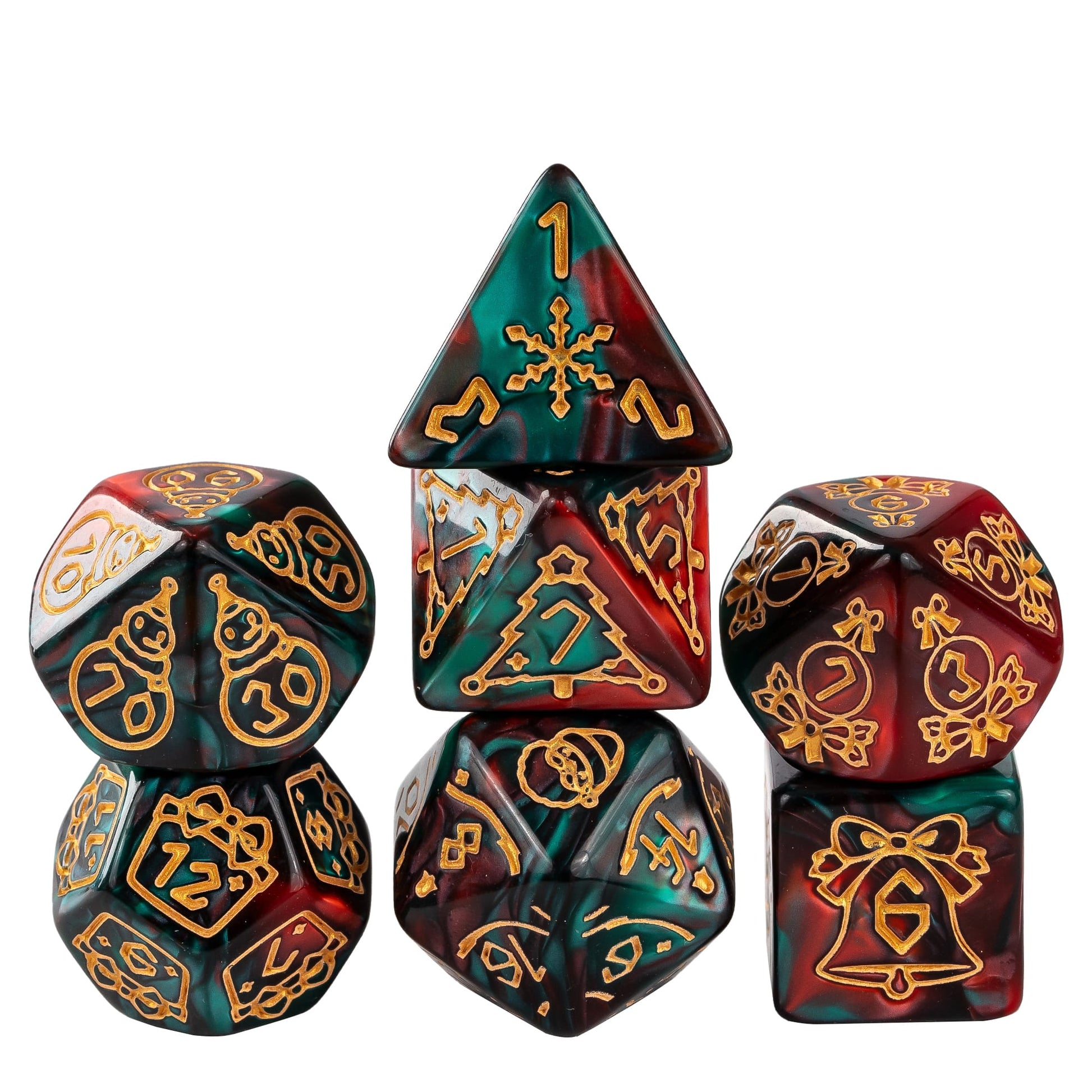 Festive Fate Red Green Christmas dice set with festive holiday symbols for DnD