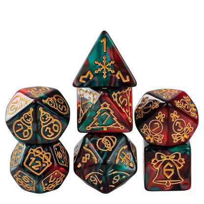 Festive Fate Red Green Christmas dice set with festive holiday symbols for DnD
