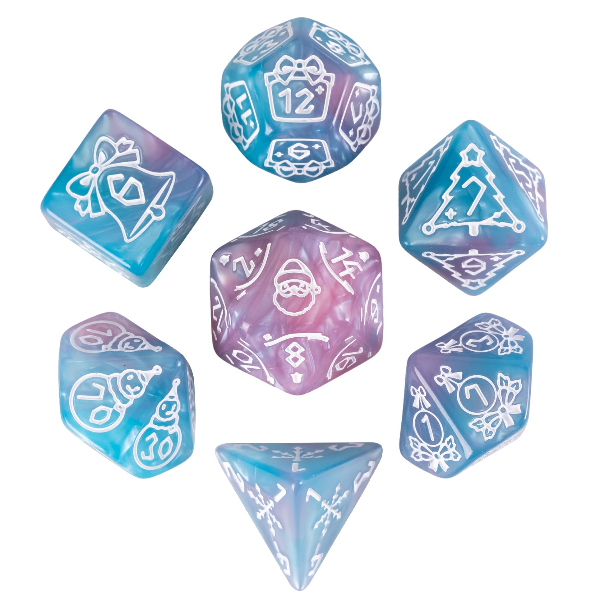 Festive Fate pink blue Christmas dice set with engraved holiday artwork for tabletop RPG