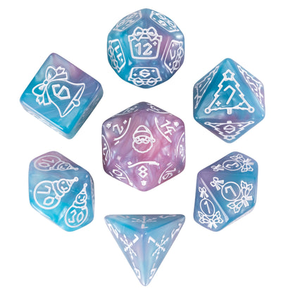 Festive Fate pink blue Christmas dice set with engraved holiday artwork for tabletop RPG