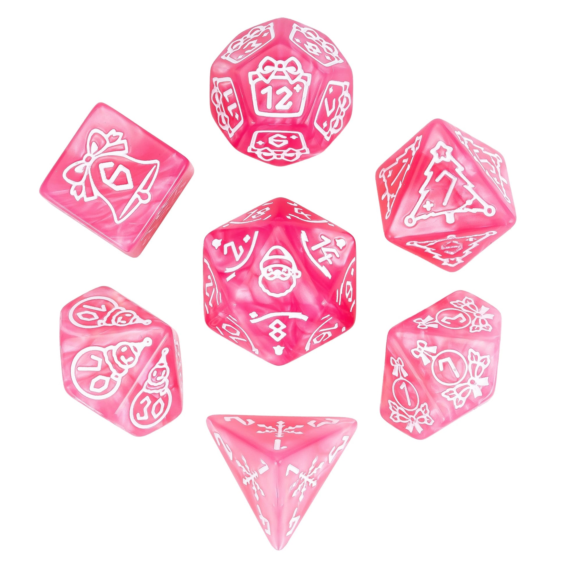 Festive Fate pink Christmas polyhedral dice set with Santa and snowman designs