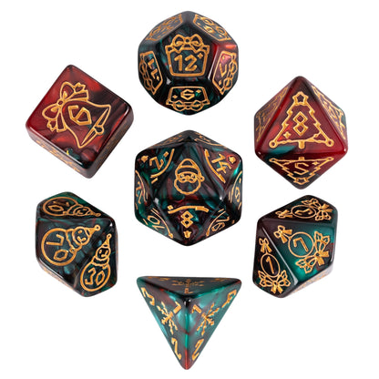Festive Fate red green holiday DnD dice set with festive engraved icons