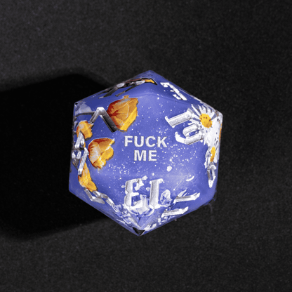 Close up of Floral Eclipse Fuck Me D20 with floral illustrations for DnD