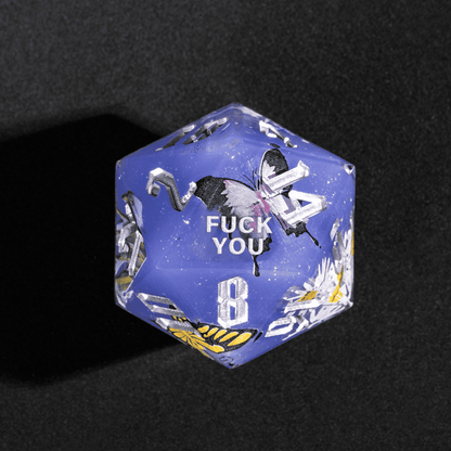 Close up of Floral Eclipse Fuck You D20 with butterfly art for DnD players