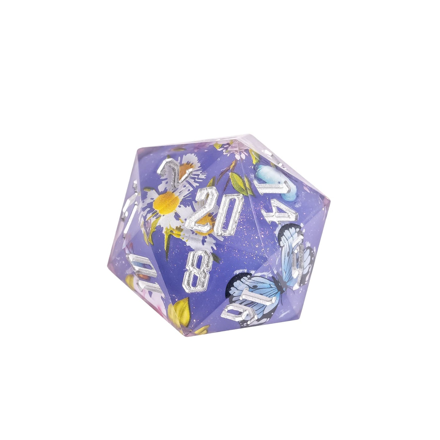 Close up of Floral Eclipse Sharp Edge D20 showing floral artwork and white engraved numbers in translucent violet resin