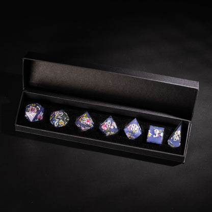 Floral Eclipse Sharp Edge Dice Set in premium black storage box 7 piece resin dice for DnD and tabletop RPG