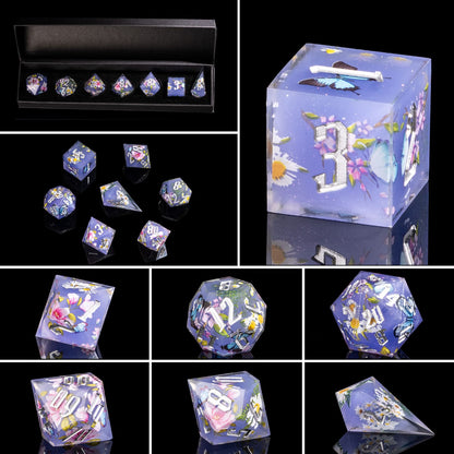 Floral Eclipse Sharp Edge Dice Set collage featuring botanical and butterfly resin dice for DnD and tabletop RPG