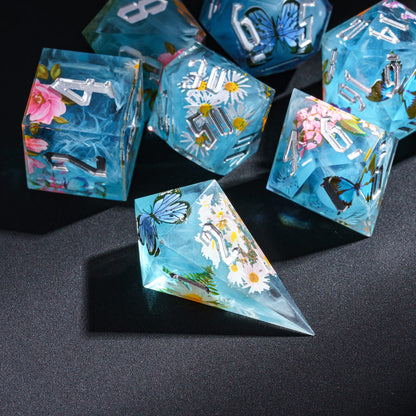 Scattered Floral Mist Sharp Edge Dice Set with flowers & butterflies, 7 piece RPG dice for DnD & TTRPGs