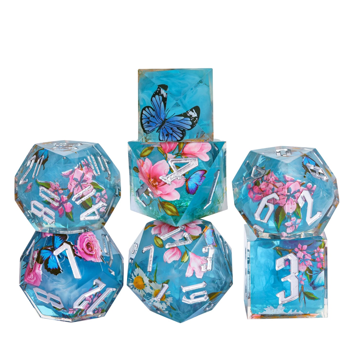 Stacked display of Floral Mist Sharp Edge Dice Set, 7 piece polyhedral dice for DnD & DnD 5e