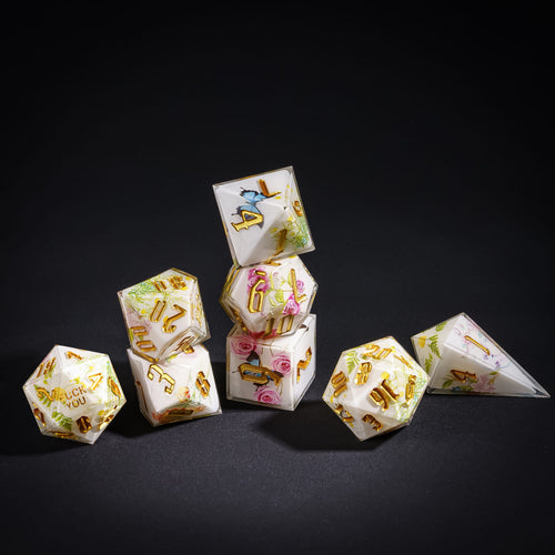 Stacked Floral Radiance Fuck Sharp Edge Dice Set with floral patterns and gold numbering