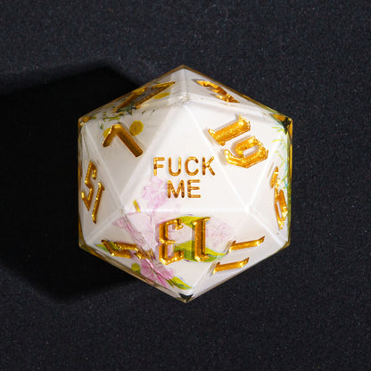 Close up Floral Radiance Fuck Me D20 with flowers and gold numbers