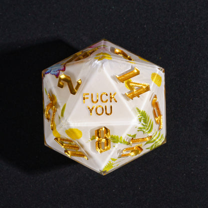 Close up Floral Radiance Fuck You D20 with flowers and gold numbering