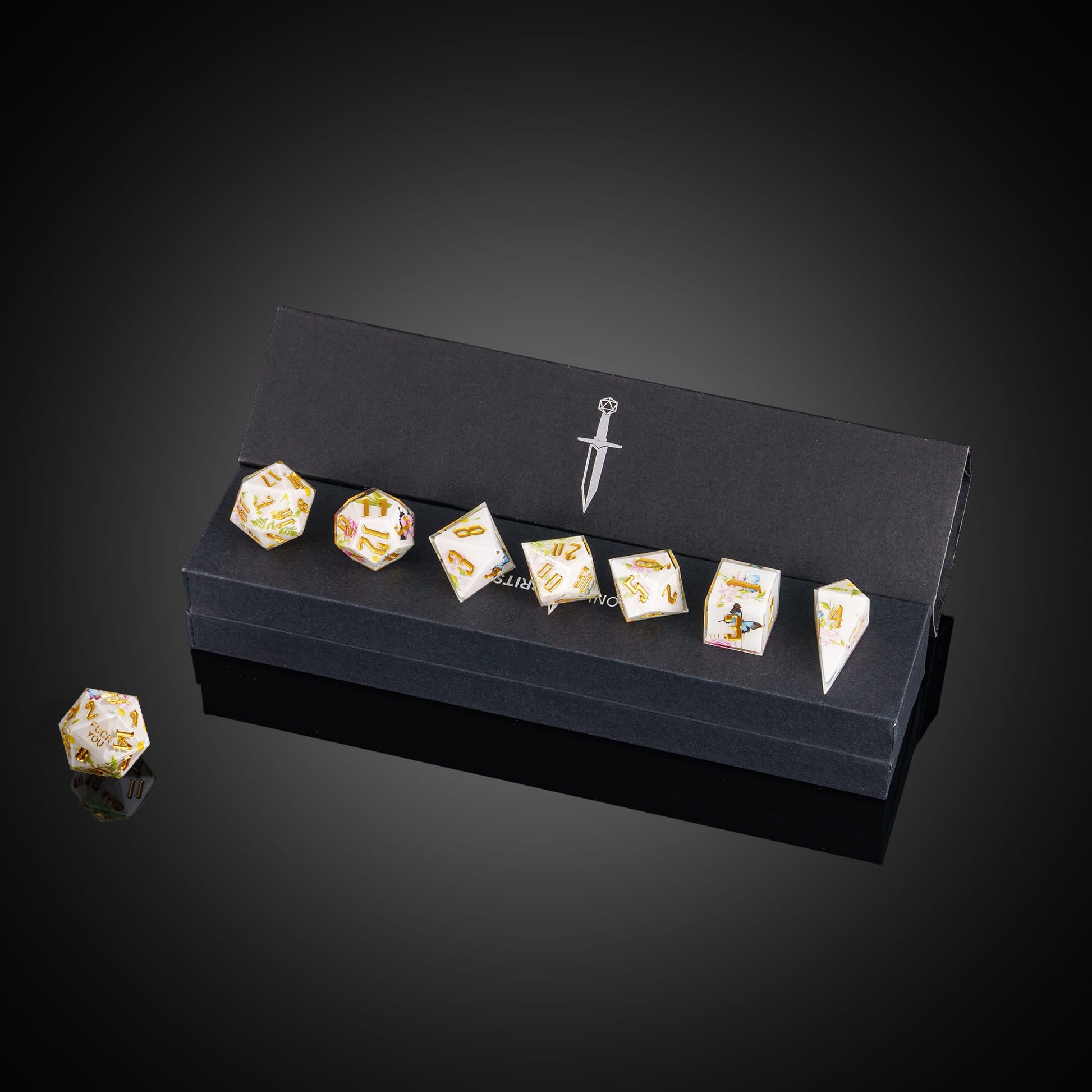 Floral Radiance Sharp Edge Dice Set displayed in Only Crits box