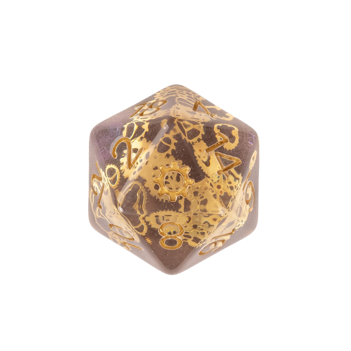 Flux Gearshift Dice Set D20 close-up showcasing embedded golden gears inside translucent resin with gold numbering