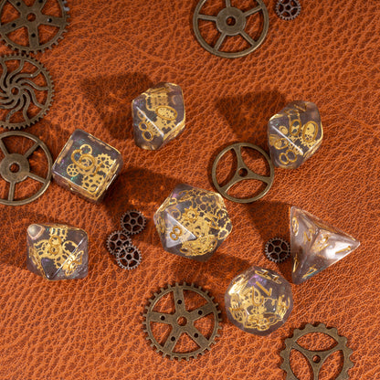 Flux Gearshift Dice Set arranged in a flat lay with decorative steampunk gears on a brown leather background