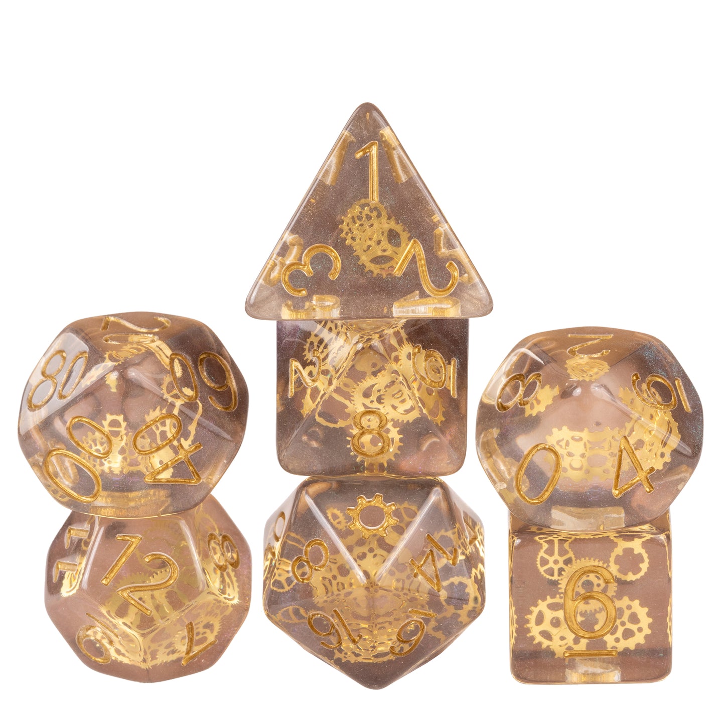 Flux Gearshift Dice Set stacked display featuring translucent resin dice with embedded golden gears and gold numbering