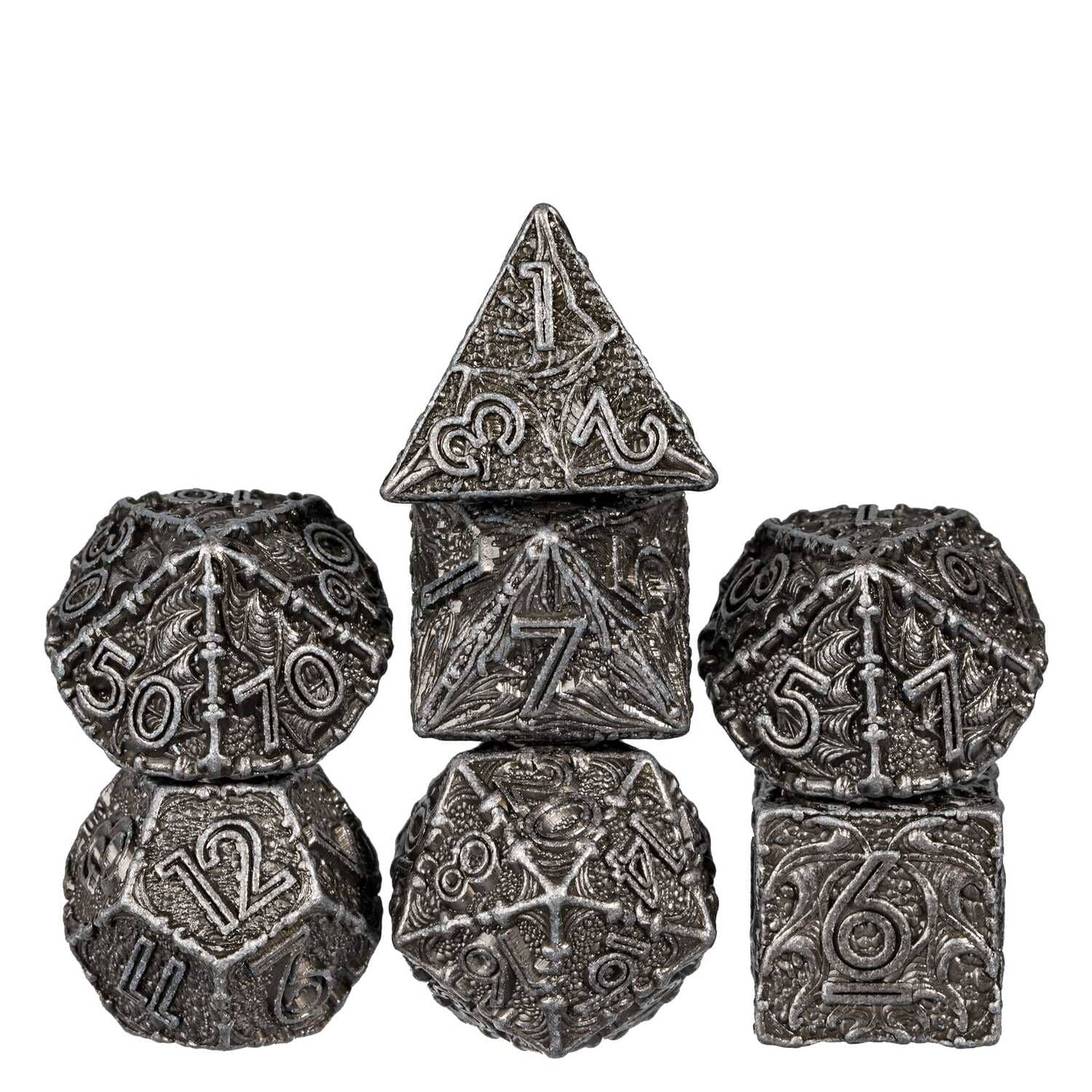 Dark silver Forged Iron metal dice set with engraved design stacked for display