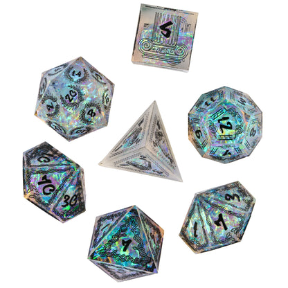 Flatlay of Fortuna's Legacy holographic sharp edge resin 7 piece dice set with rune designs
