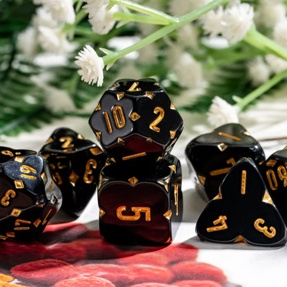 Black Fourfold Clover Dice Set for DnD & DnD 5e, 7-piece RPG dice with clover design and gold numbers